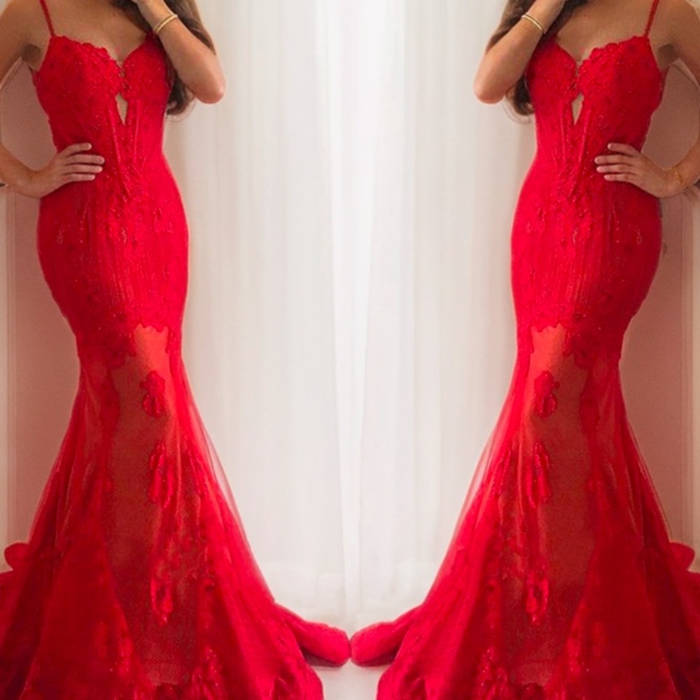 Elegant Red PROM Lace Evening Gown